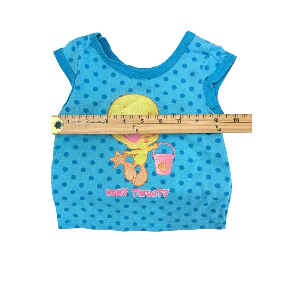 VTG Looney Tunes Baby Tweety Bird Blue Polka Dots Girls SZ 6-9 Mths‎